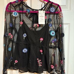 Zara Black Mesh Top with Colorful Floral Embroidery